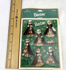 Retro Vintage Hallmark CHRISTMAS BARBIE RED GOLD DRESS 24 Stickers 4 Sheets 1996