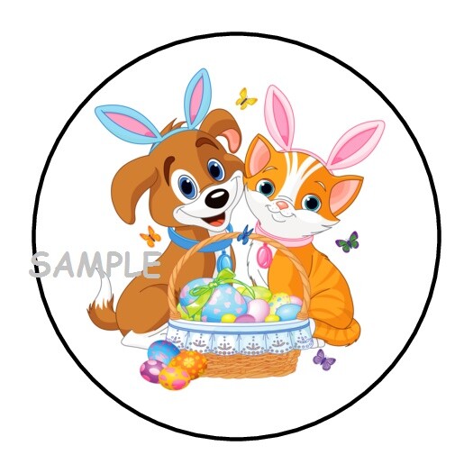 30 CUTE CAT & DOG EASTER ENVELOPE SEALS LABELS STICKERS 1.5″ ROUND PUPPY KITTEN
