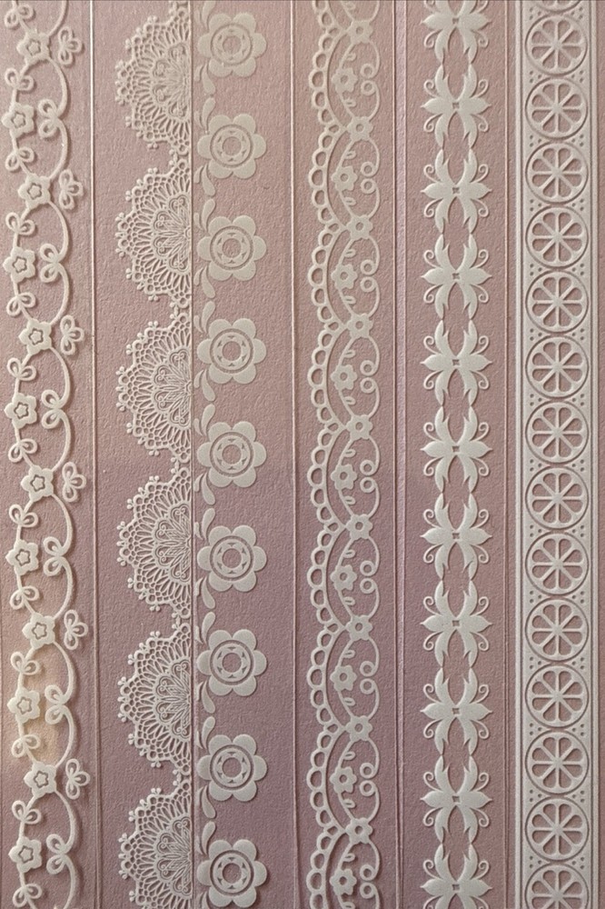 WHITE LACE BORDER Asst•Mylar Stickers (6pc)3/4”x 6”Flowers •Strips•Card Making•
