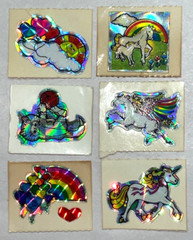 Vintage BJ ‘on the roll’ Sm Stickers Unicorn Rainbow Hearts Prism Kitten Balloon