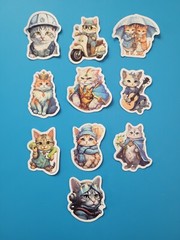 STICKERS x 10 Cat Kitty Bike Vintage Coat Pilot Kitten Cartoon CAT4
