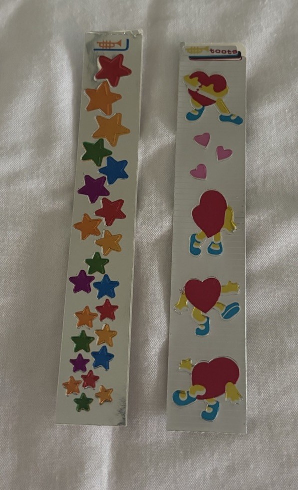 2 Vintage 80s Cardesign Toots Sticker Foil Strips Dancing Heart, Rainbow Stars