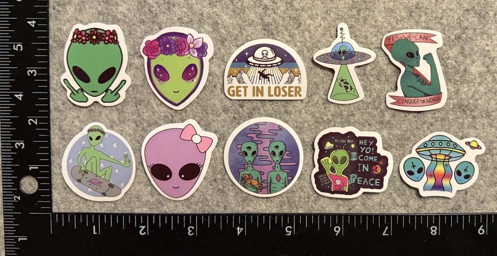 Lot of 10 Assorted Alien Extraterrestrial Space Stickers