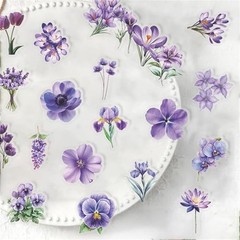 50pcs Transparent Flower Stickers,Purple Flower Sticker Waterproof PET Flowerp