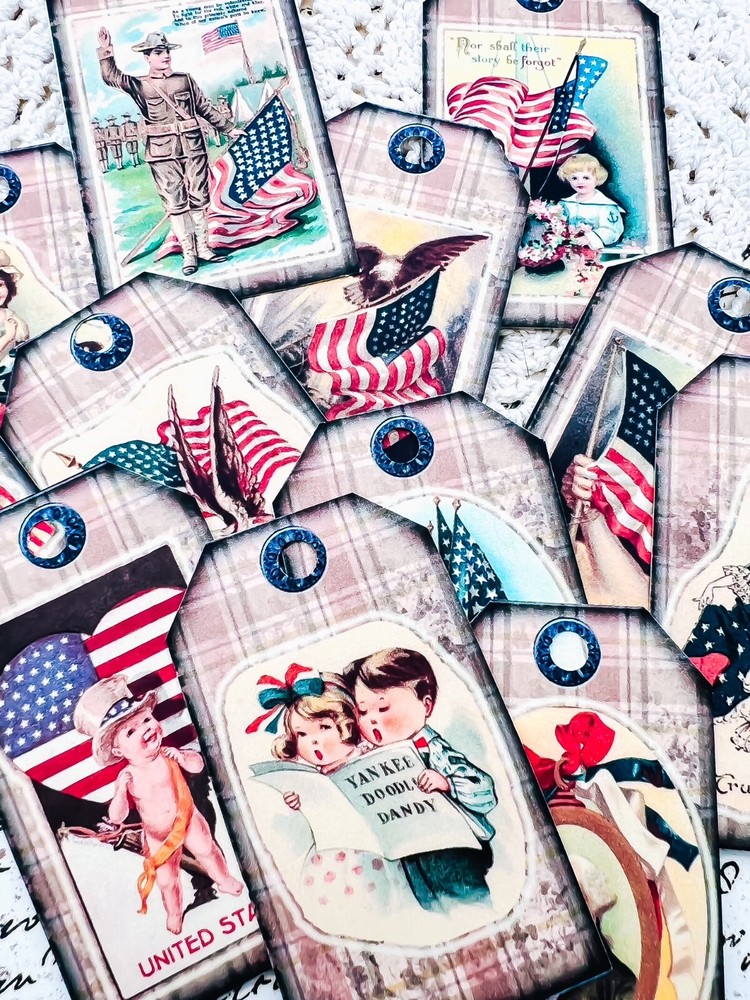 Handmade Set of 12 Vintage 4th of July Patriotic USA Flag Ephemera Tags