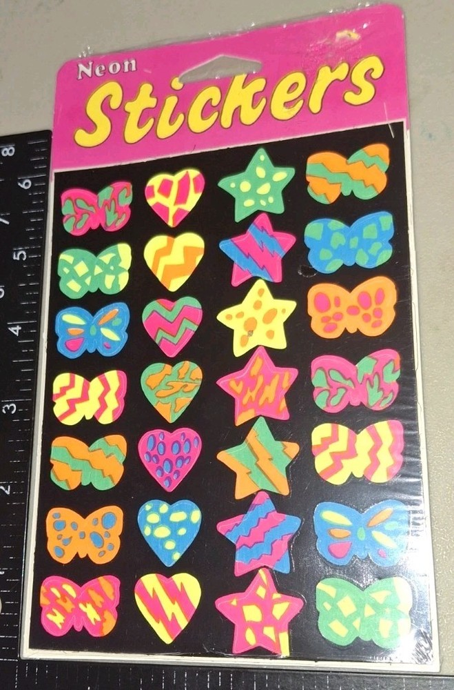 Vintage Stickers Neon Butterflies Hearys Stars A jm Bj Marketing 1 Sht 1 Pkg