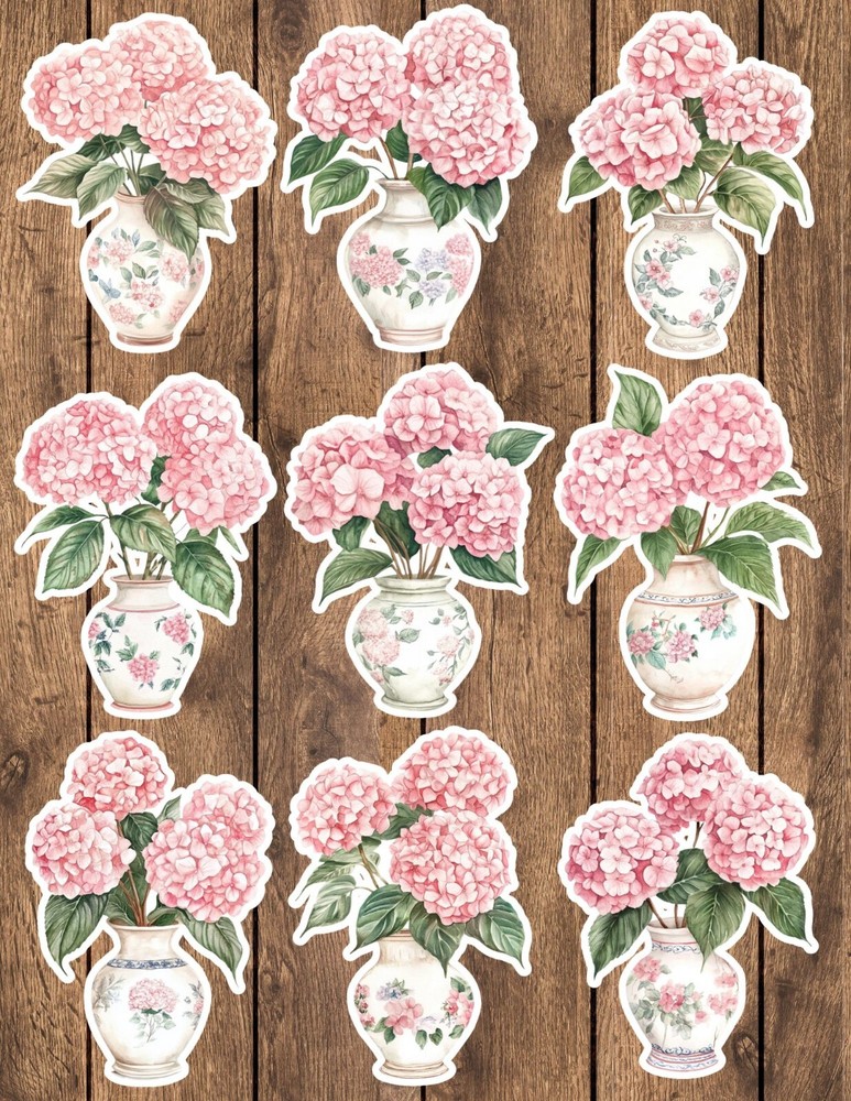 Hydrangea in Vintage Vase Die Cut Stickers Set Scrapbooking Laptop Waterbottle