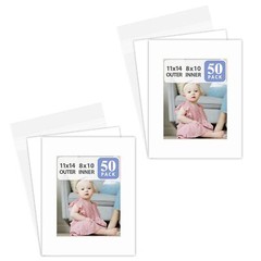 100 Pack 11×14 White Picture Mat Boards Fits 8×10 Acid-Free Backing + Clear Bags