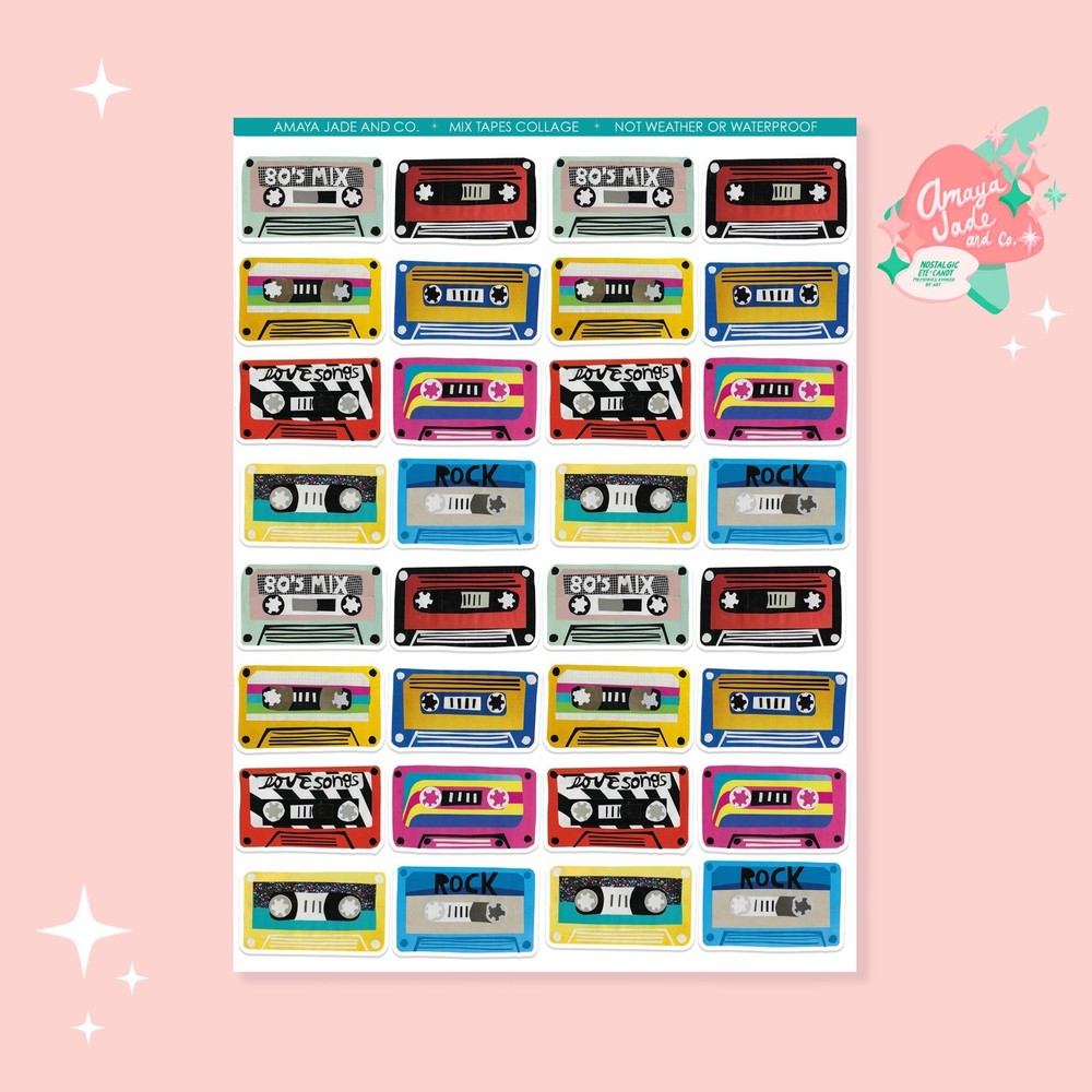 80s Mix Tapes Sticker Sheet Perfect for Scrapbooks and Favors