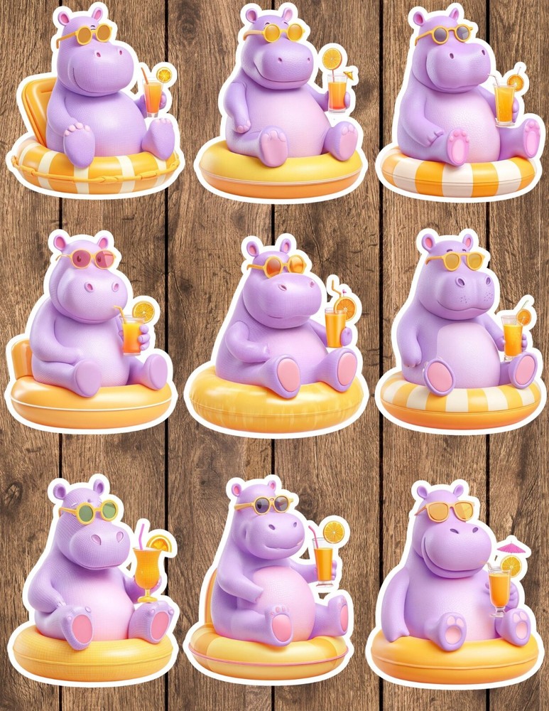 Pool Time Hippo Die Cut Vinyl Stickers Set Scrapbooking Laptop Waterbottle