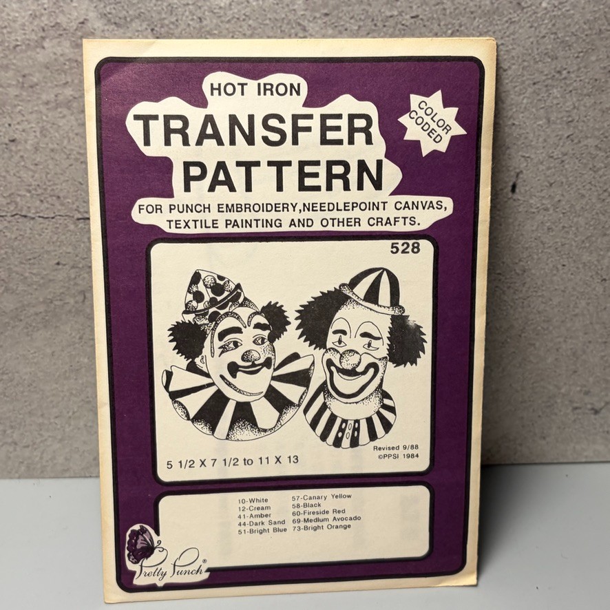 VTG MCM Transfer Pattern Hot Iron On Punch Embroidery Needle Point Clown Faces