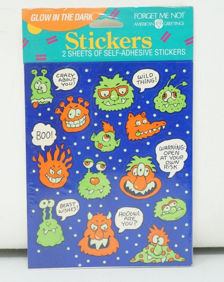 Vintage Forget Me Not Monster Alien Stickers 2 Sheets New Glow in The Dark