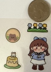LITTLE GIRL W/CAKE Mylar Stickers(4pc)Kid•Bunny Rabbit•Flowers•Bear•Card Making•