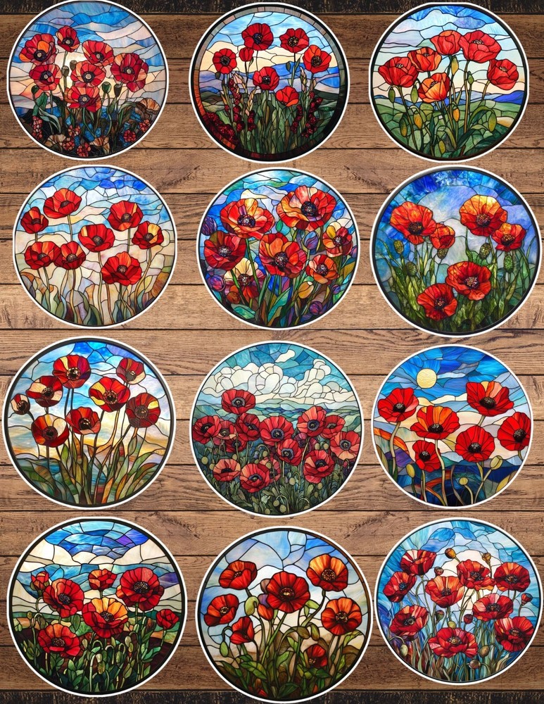 Stained Glass Poppies Die Cut Stickers Set Scrapbooking Laptop Waterbottle