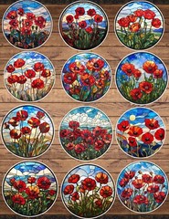 Stained Glass Poppies Die Cut Stickers Set Scrapbooking Laptop Waterbottle