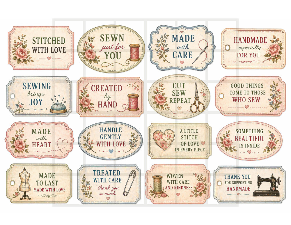 1 Pg Sewing Labels For Card Toppers Junk Journal Supplies Scrapbook Ephemera