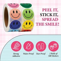 1000PCS Multi-Color Smiley Face Stickers 1 Inch – 2 Rolls of 500 Happy Face L…