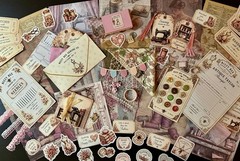 Vintage Sewing Junk Journal Kit Handmade Ephemera Stickers Tags Fabric 108 Piece