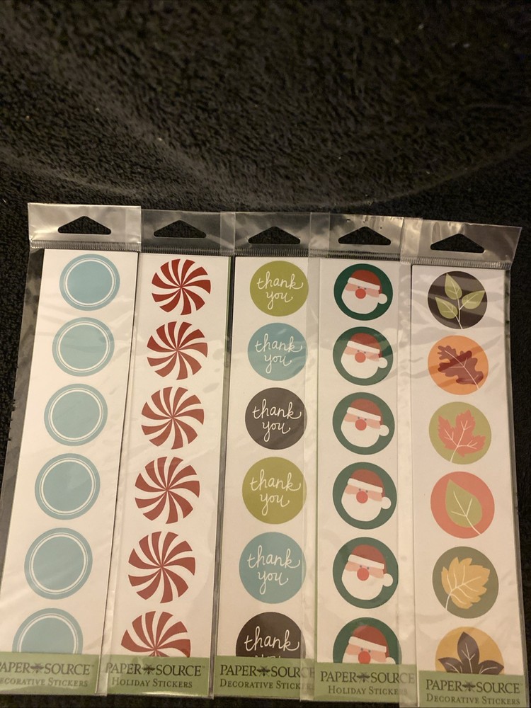 5 Paper Source 1.25” Circle Stickers Thx You, 2 Xmas, Leaves, Pool White Outline