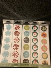 5 Paper Source 1.25” Circle Stickers Thx You, 2 Xmas, Leaves, Pool White Outline