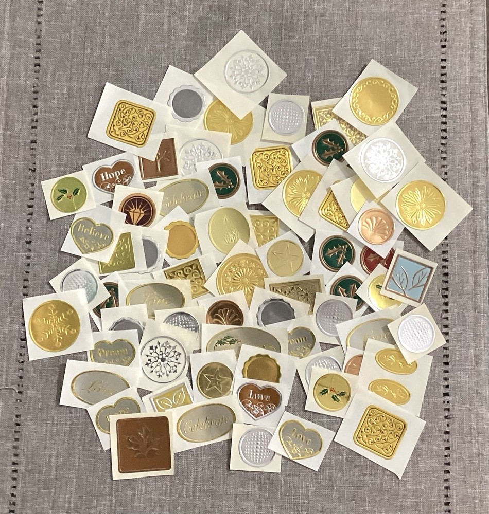 64 Miscellaneous Embossed Foil Envelope Stickers /Seals