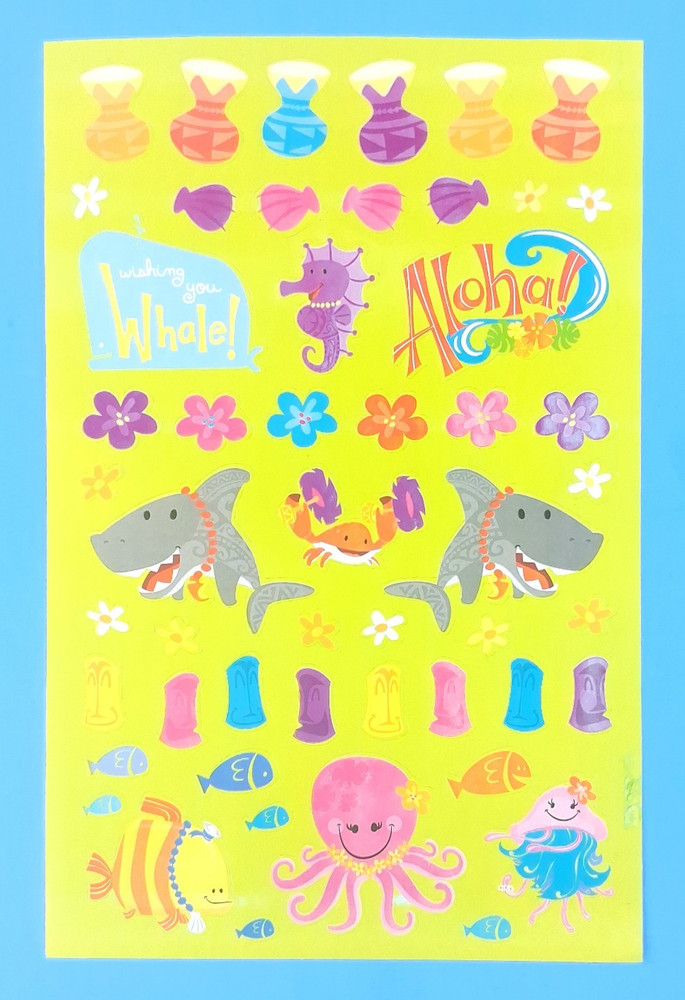 Vintage Hawaiian Sharks Shells Sea Life Sticker Sheet Green Backing