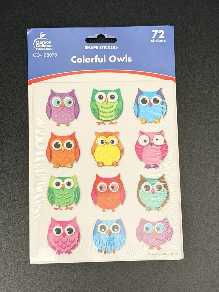 NWT Colorful Owls Shape Stickers. 72 Stickers. 12 Assorted Colors.