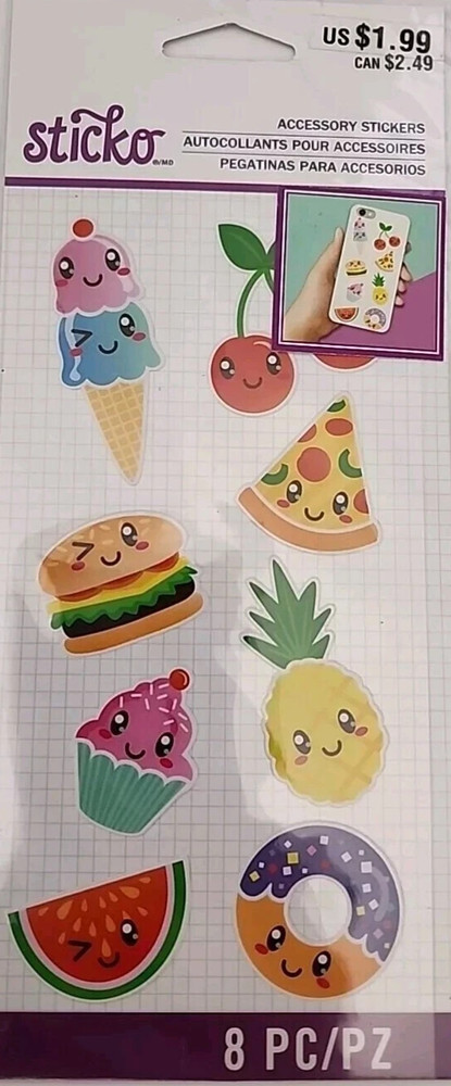 Food Mylar Stickers Sticko 8 Piece Fun Food Phone Laptop Tablet Decoration