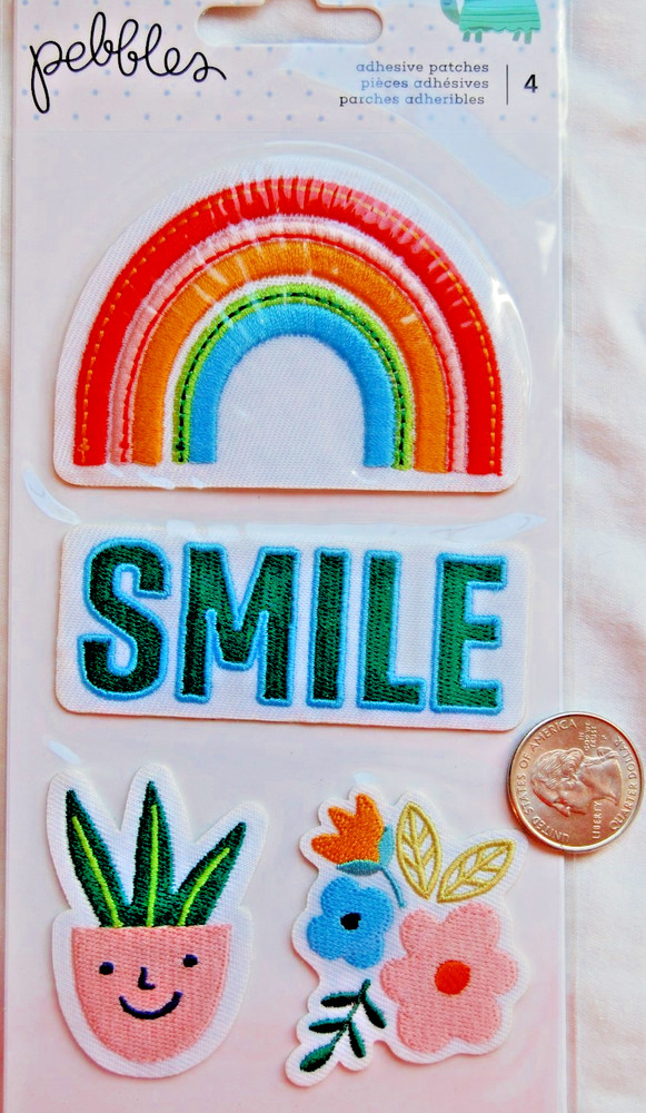 Pebbles Inc stickers embroidered fabric Smile rainbow succulent plant flowers