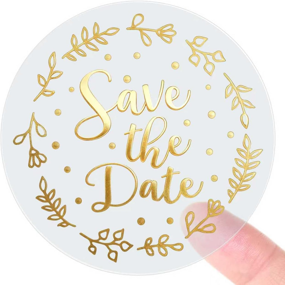 Save the Date Stickers – Gold Foil Wedding Favor Labels – Transparent Clear Enve