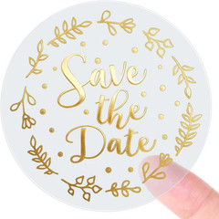 Save the Date Stickers – Gold Foil Wedding Favor Labels – Transparent Clear Enve