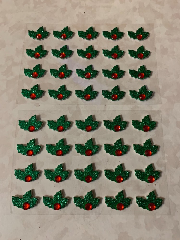 2 BULK SHEETS JOLEE’S GLITTER CHRISTMAS HOLLY 40 PC RED GEMSTONE GLITTER HOLLY