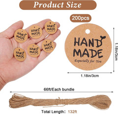 200Pcs Handmade Tags, Brown Paper Gift Labels with Twine String 1.2” round for H