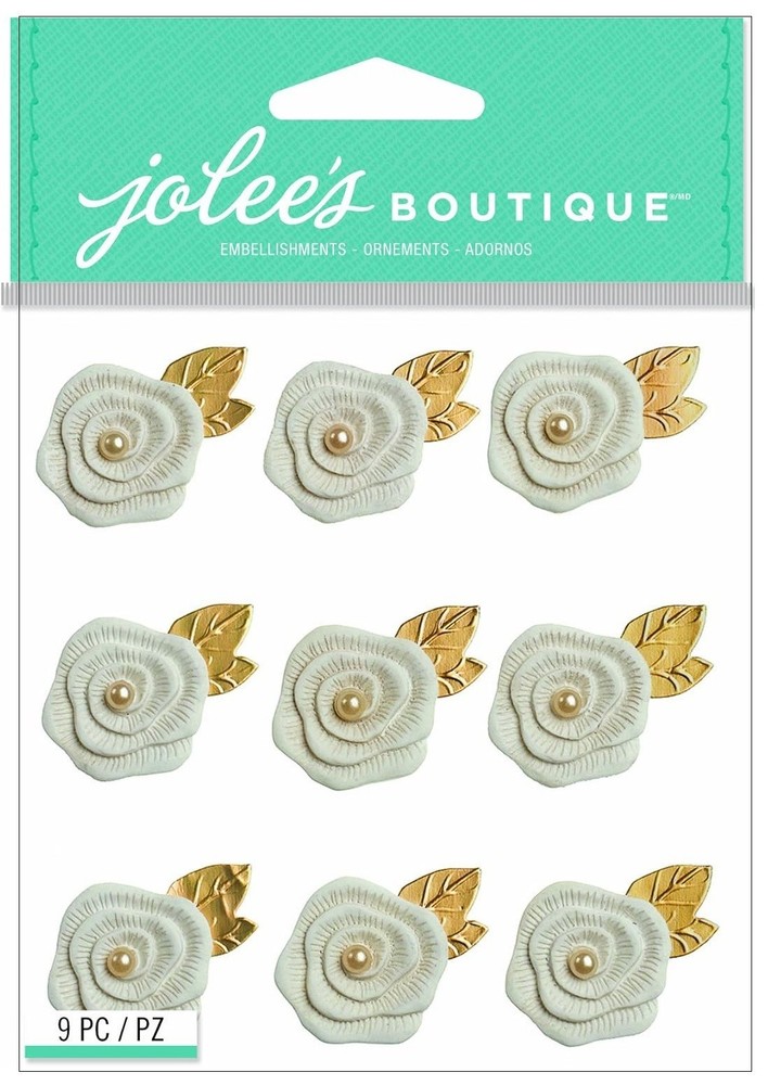 Wedding Flowers, pearl center & gold leaf, resin, 3D sticker – Jolees 21638