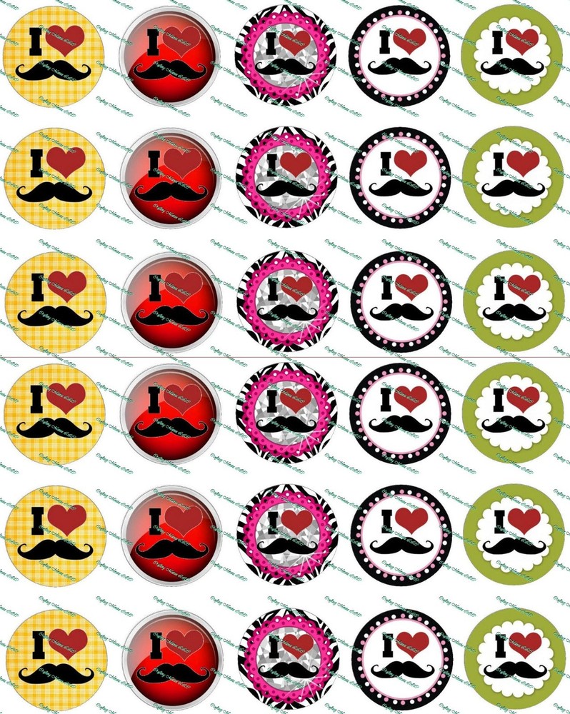 30 Precut 1″ I Love Moustache Bottle cap Images Set 2