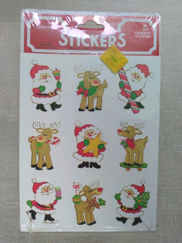 Vintage 1980’s Christmas 36 Stickers Sealed Package Santa Claus & Reindeer
