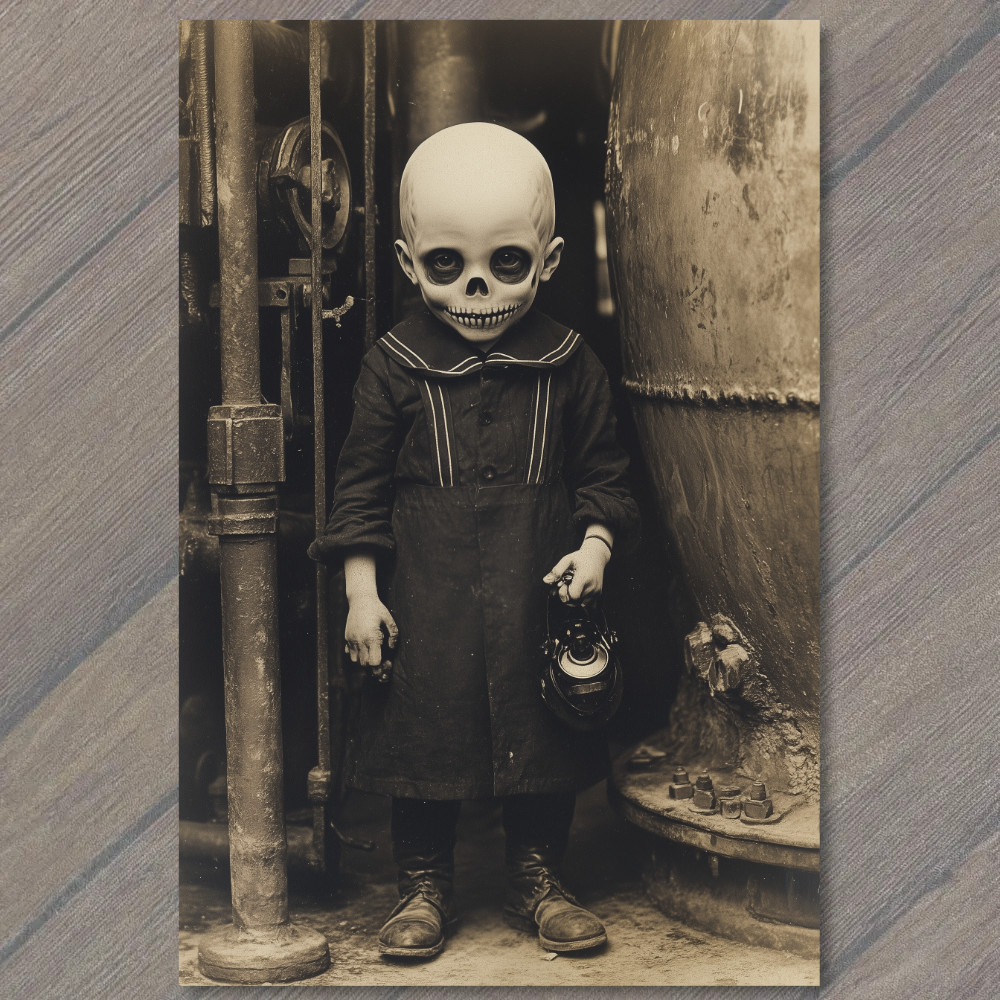 STICKER Bald Skull Child Industrial Outfit Pipes Holding Mask Weird Spooky Emo