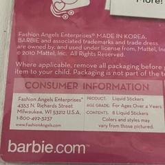 Barbie Liquid Stickers 2010 Mattel Fashion Angel Set of 8 Scrapbook New Open Pkg