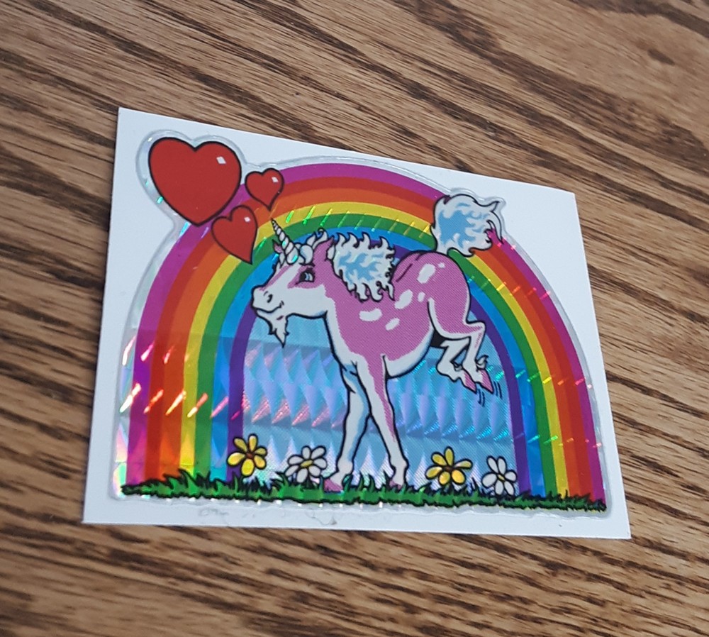 VTG 80s Holographic Prism Vending Pink Baby Unicorn Rainbow Hearts Sticker RARE