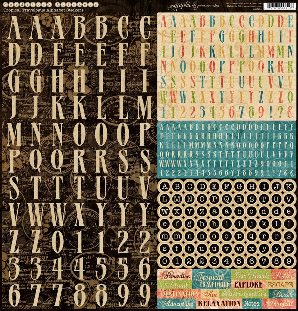 *RETIRED* Graphic45 TROPICAL TRAVELOGUE ALPHABET 12×12 Sticker Sheet scrapbook