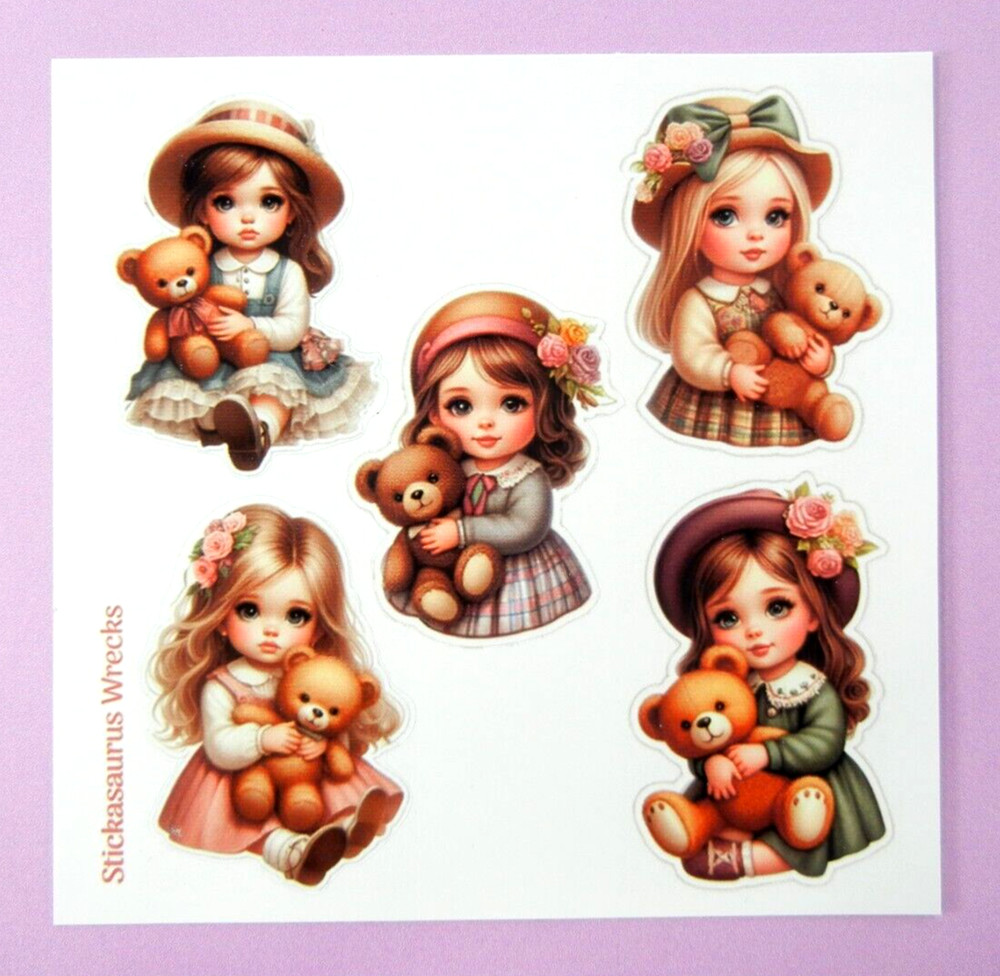 Vintage Little Girls & Teddy Bears Sticker Sheet Style 2
