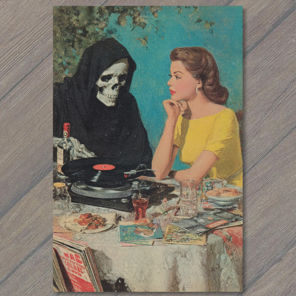 STICKER Grim Reaper Woman Yellow Dress Vinyl Records Dinner Retro Dark Humor