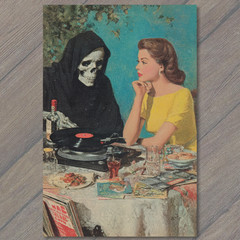 STICKER Grim Reaper Woman Yellow Dress Vinyl Records Dinner Retro Dark Humor