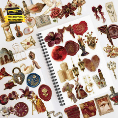 50PCS Vintage Red Gold Stickers for Scrapbooking, Aesthetic Retro Victorian Flor