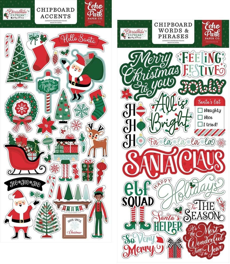 Echo Park CHRISTMAS EXPRESS (2) 6″x13″ Chipboard COMBO Accents + Words Phrases