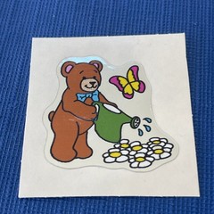 Vintage Rare 1980s Foil Stickers Bear Watering Flowers And Bee Smiling Flower