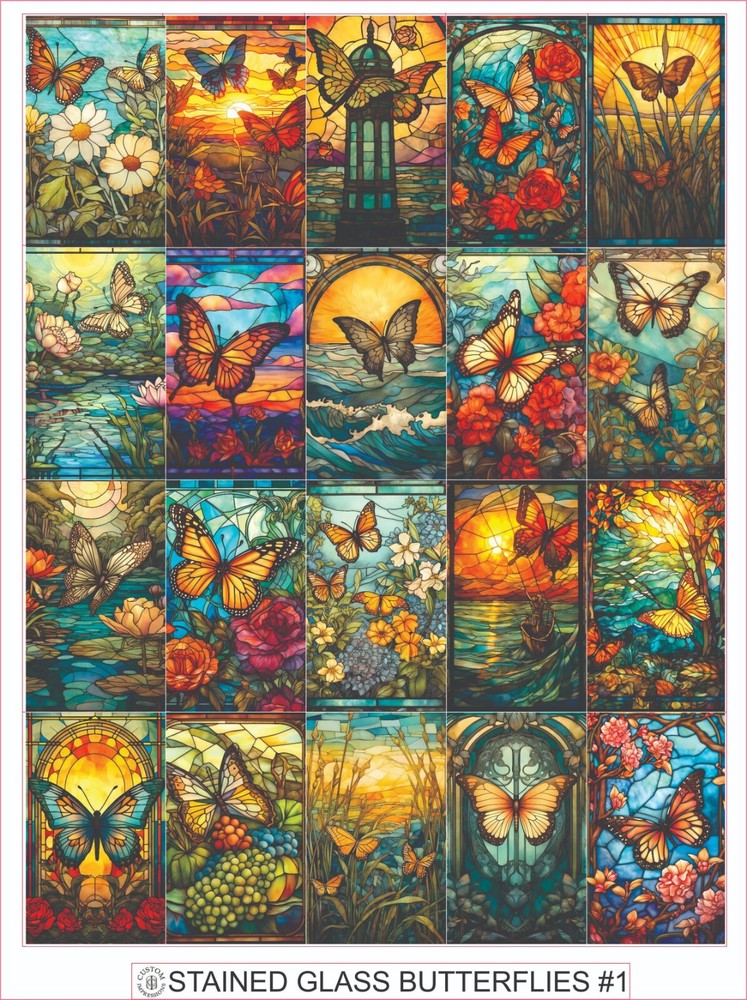 STAINED GLASS BUTTERFLIES #1 – COMPLETE SHEET OF 20 STICKERS