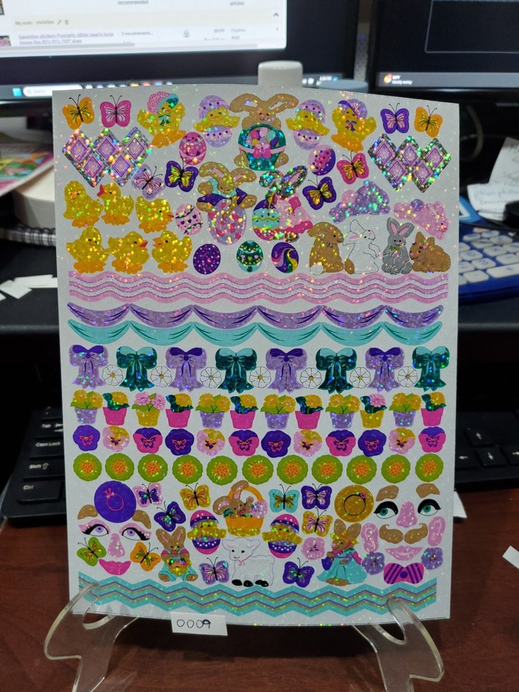 Sandylion sticker sheet vintage 80’s 90’s prismatic glitter 7X9″ Easter egg bunn