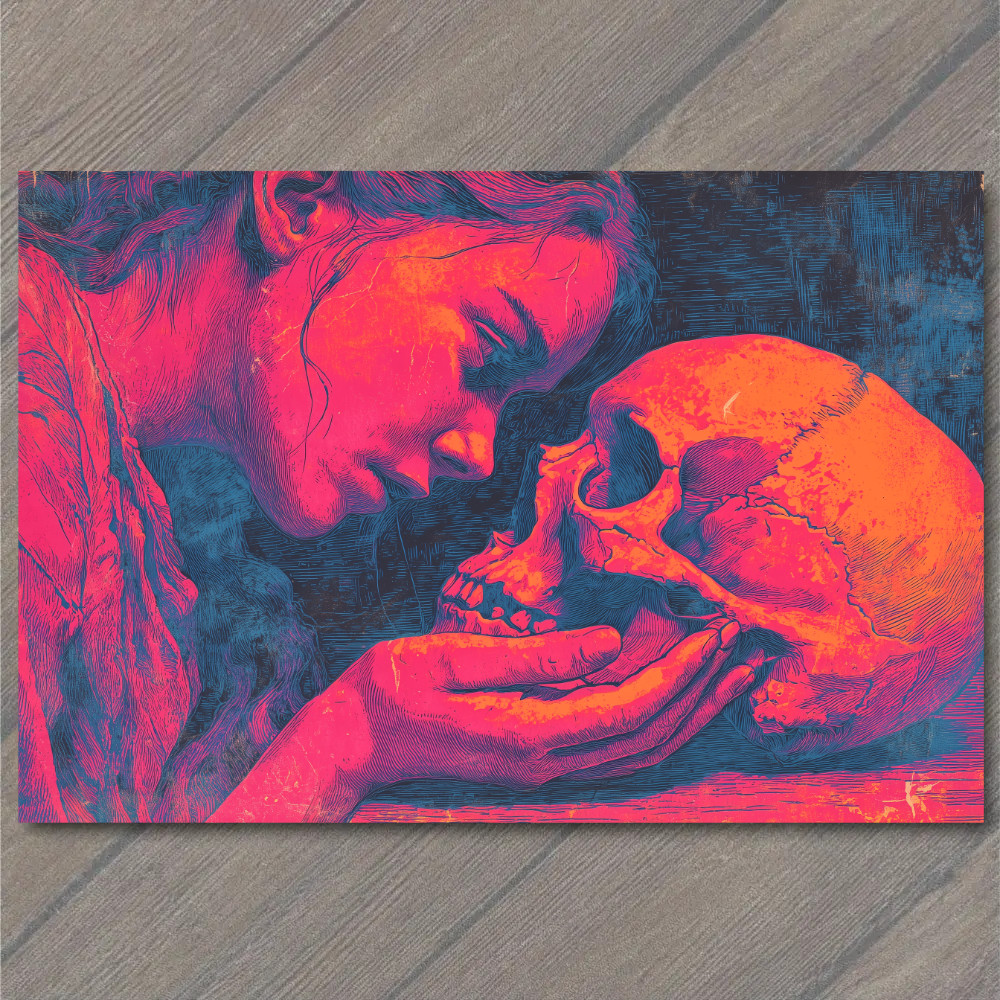 STICKER Woman Holding Skull Neon Pink Blue Orange Gothic Love Death Theme