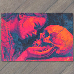 STICKER Woman Holding Skull Neon Pink Blue Orange Gothic Love Death Theme
